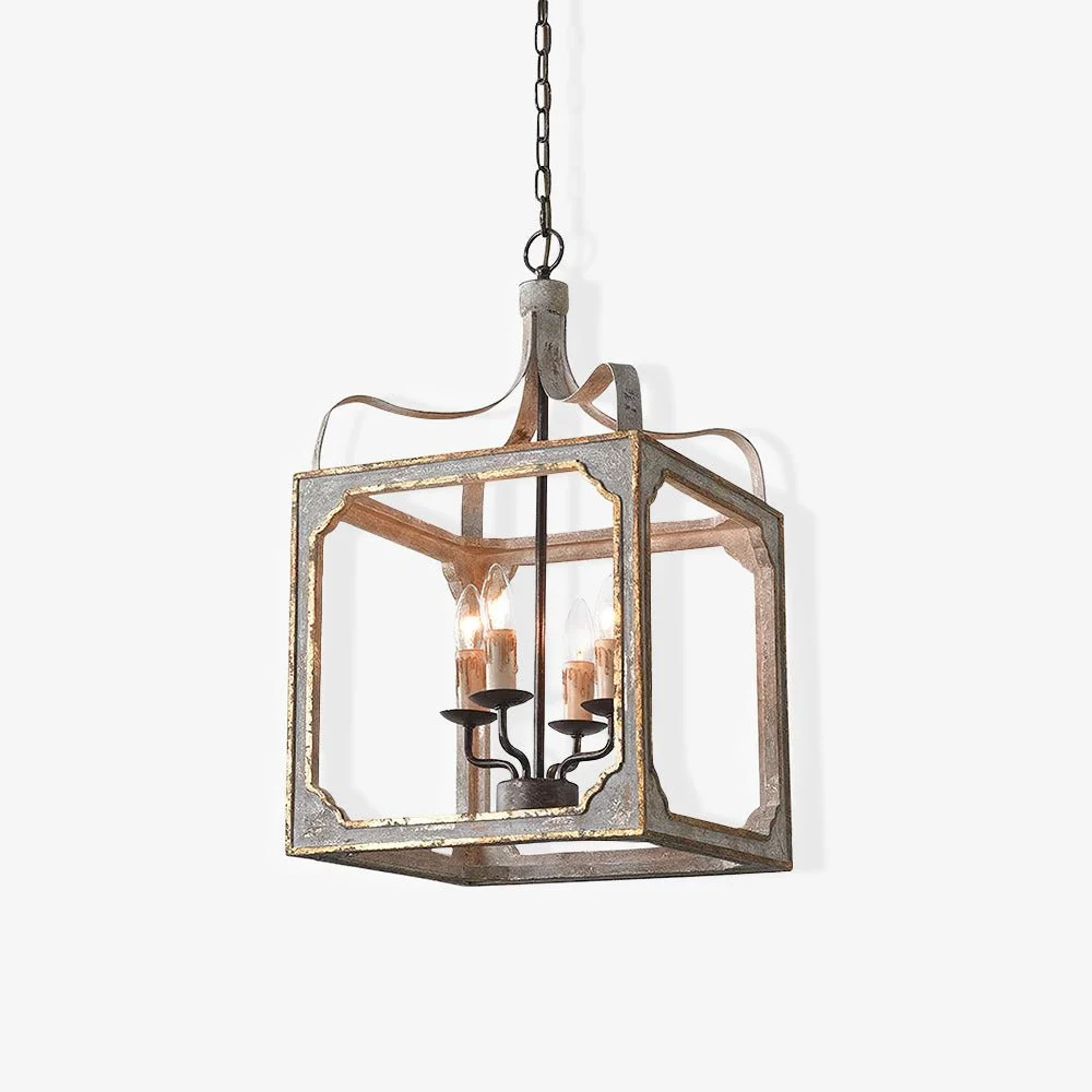 Lustra Chandelier Rústica con Marco Vintage en Forma de Cubo
