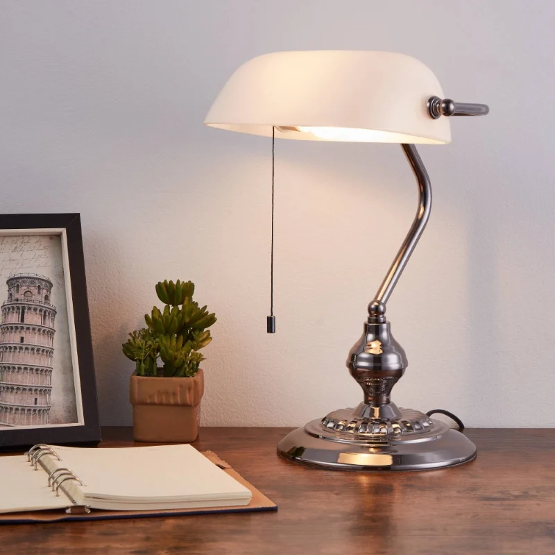 Lampada banquero níquel de acero, Lugco, con interruptor de cuerda
