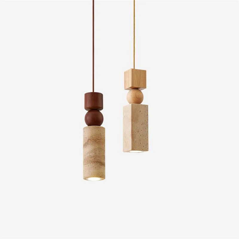 Lámpara Colgante Geométrica de Madera y Travertino Minimalista Nórdica