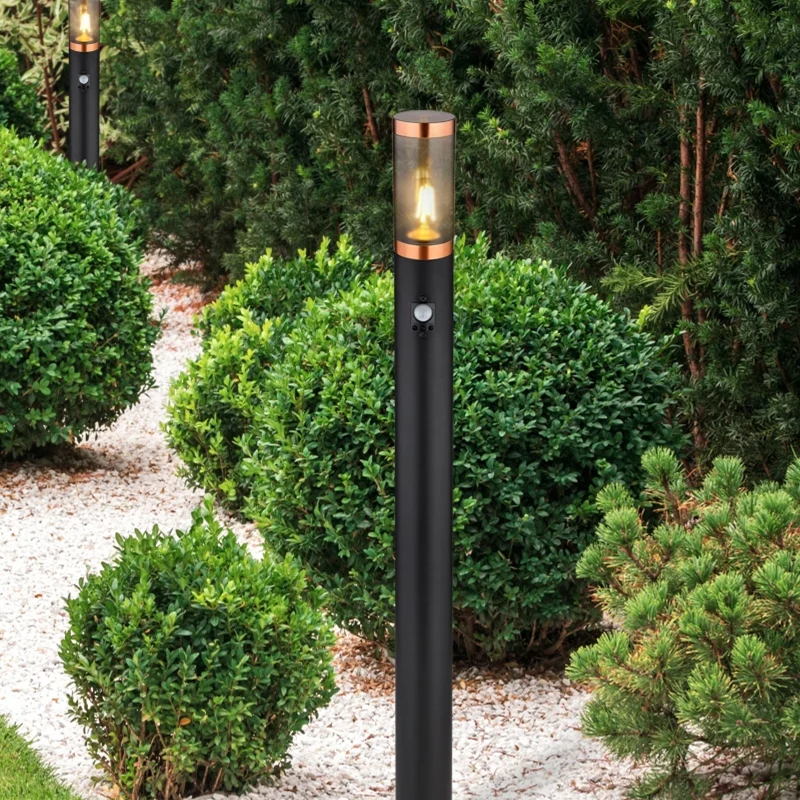 Lámpara de pie exterior con sensor de movimiento negra de acero inoxidable, Ishara, IP44