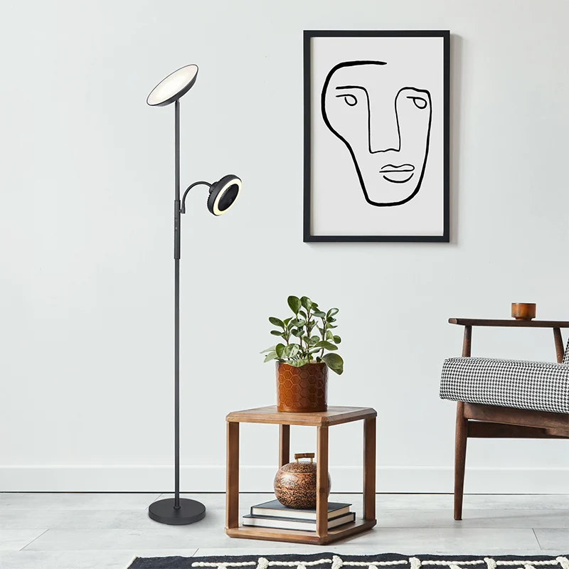 Lámpara de pie negra con ventilador, Raimond, 20W, ajustable entre luz blanco cálido y frío LED, con regulador táctil