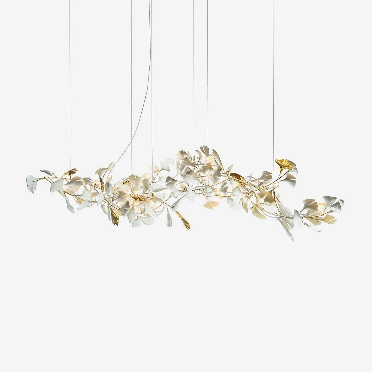 Araña De Luces Metal Marco Cerámica Ginkgo Hoja Sombra Blanco Oro Moderno