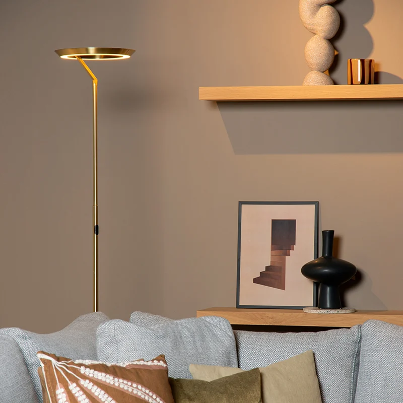 Lámpara de pie moderna latón, Celeste, 21W, 2700K LED, con regulador táctil
