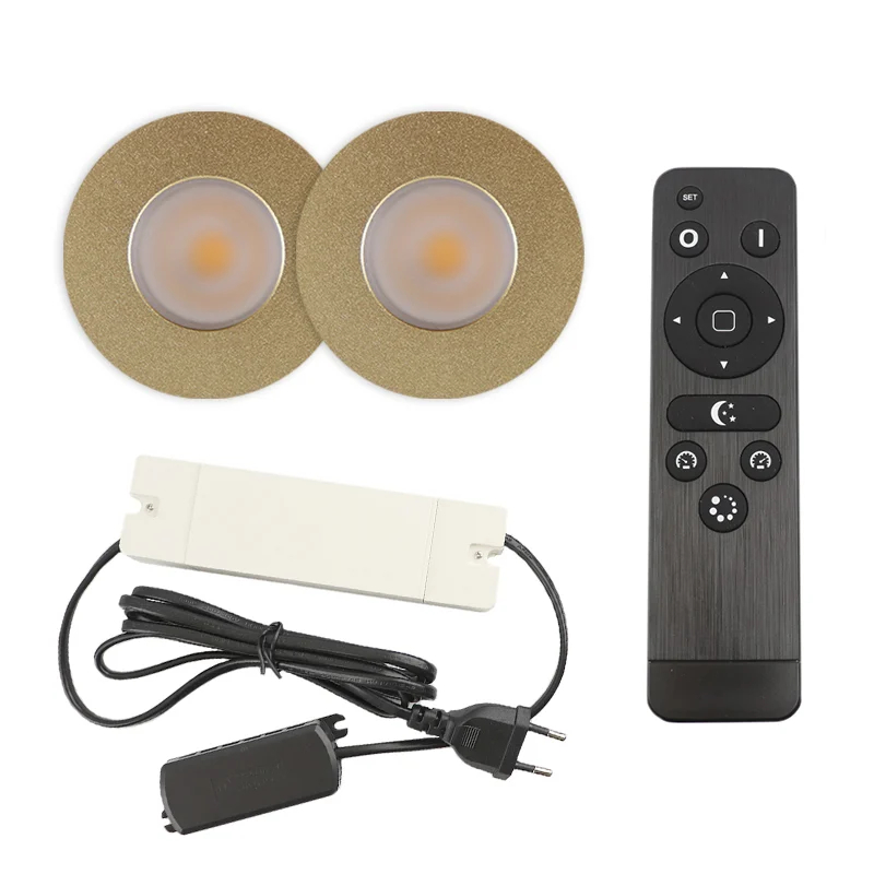 2 focos empotrables de color latón para porche Dico, IP65, con set de conexión y mando a distancia