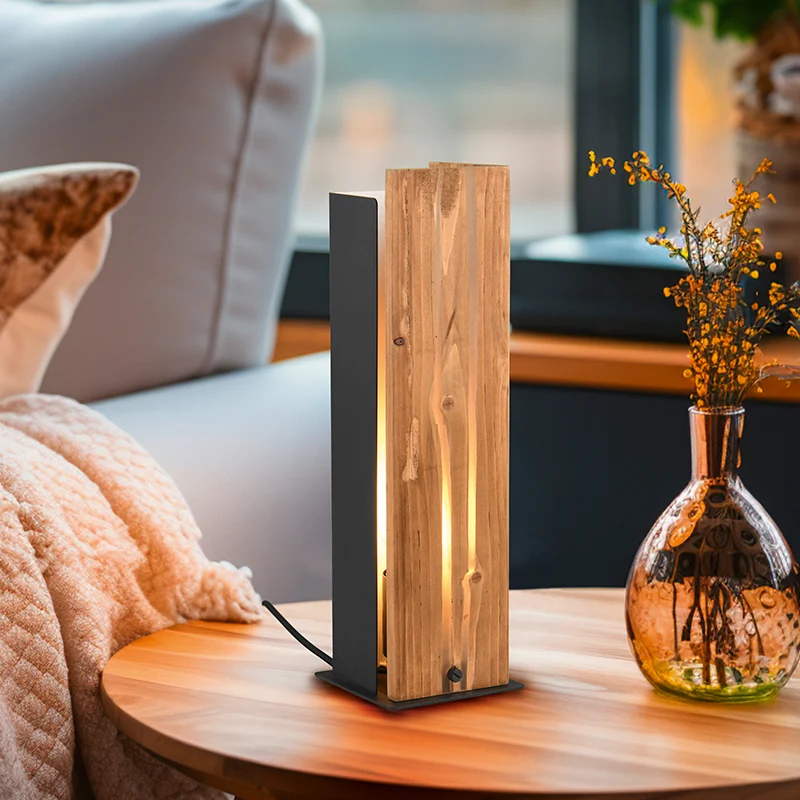 Lámpara de mesa rústica madera, Karijn, con interruptor