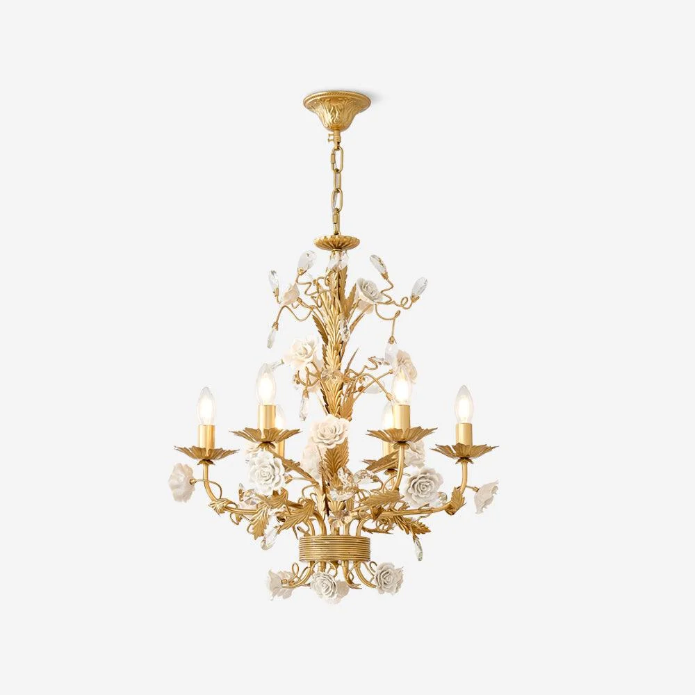 Araña De Luces Ornado Metal Marco Porcelana Rosas Cristal Clásico Lujo