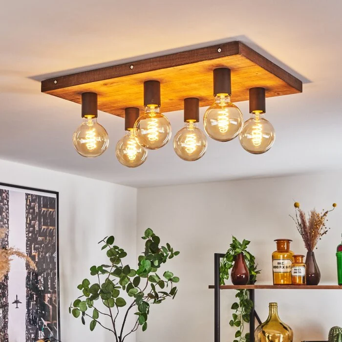 Amnicon Lámpara de Techo Madera clara, Negro, 6 luces