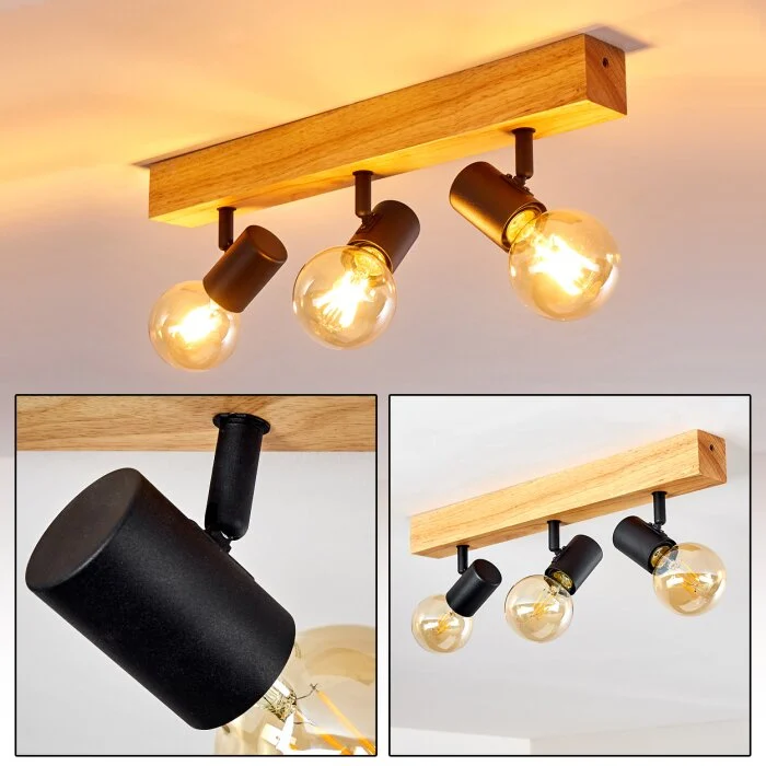 Barbengo Lámpara de Techo Madera clara, Negro, 3 luces