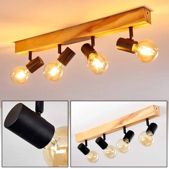 Barbengo Lámpara de Techo Madera clara, Negro, 4 luces