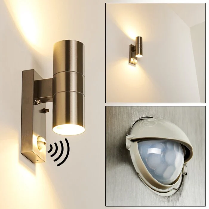 Brachy Aplique para exterior Color acero inoxidable, 2 luces, Sensor de movimiento