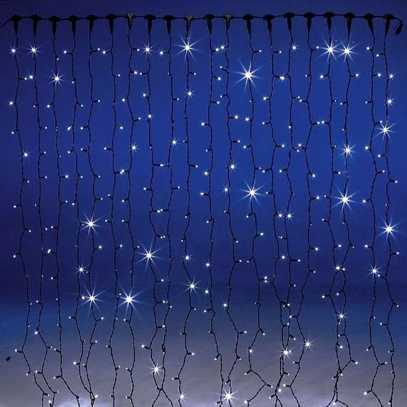 Cortina 300 LEDs cálidos IP65 enlazable cable negro 200x150