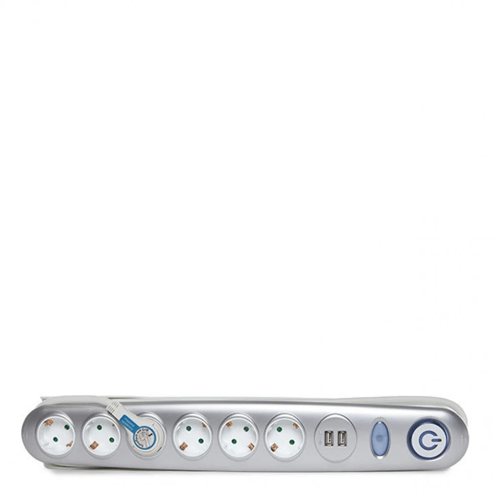 Enchufe 6 X Toma Corriente + Interruptor Luminoso + 2 X Usb Cargador 2100 Ma 5V - IP20 - Blanco/Plata