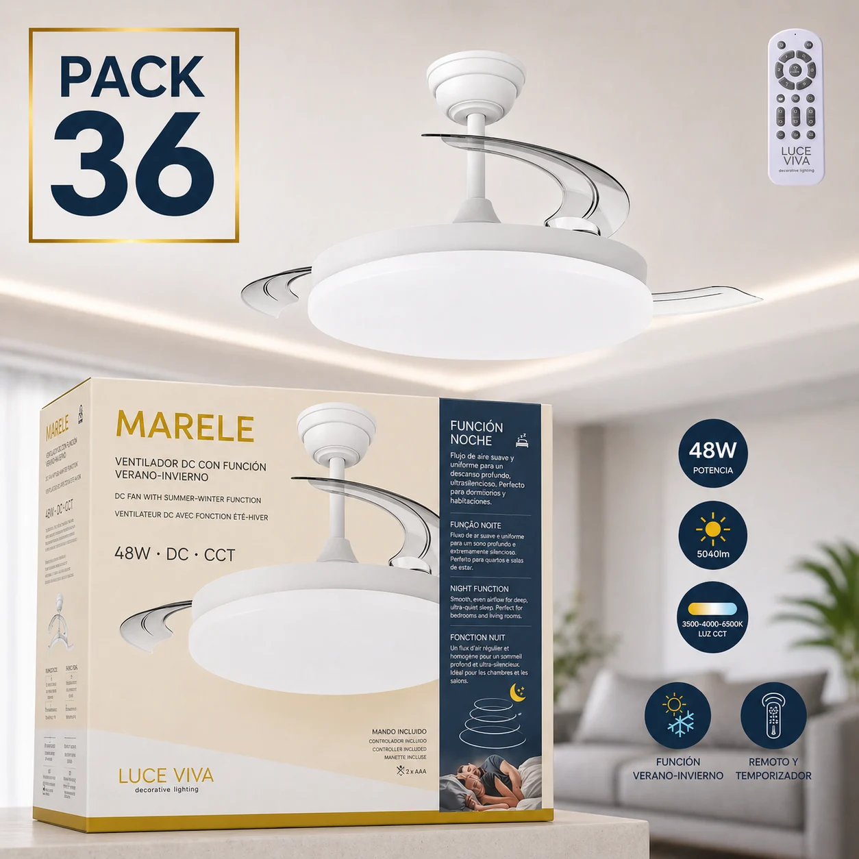 Pack 36 Ventiladores DC "Marele· Función Verano-Invierno 48W Blanco 3 Aspas 5040lm 3500-4000-6500k Remoto y Temporizador