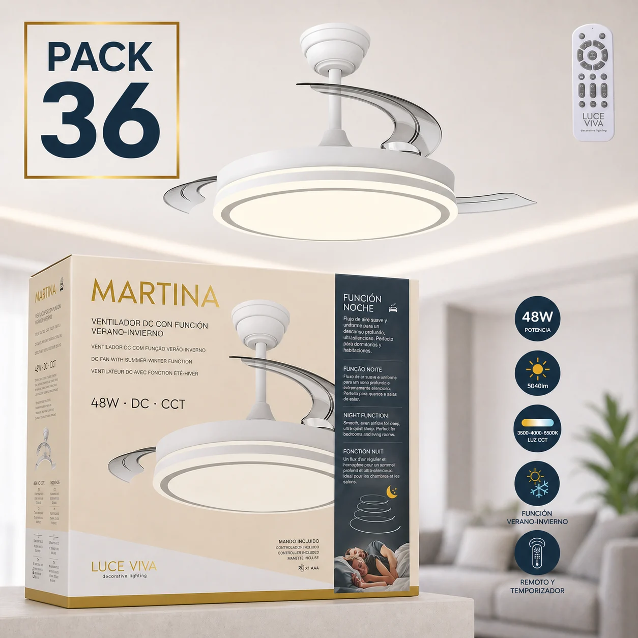Pack 36 Ventiladores DC"Martina" Función Verano-Invierno 48W Blanco 3 Aspas 5040lm 3500-4000-6500k Remoto y Temporizador