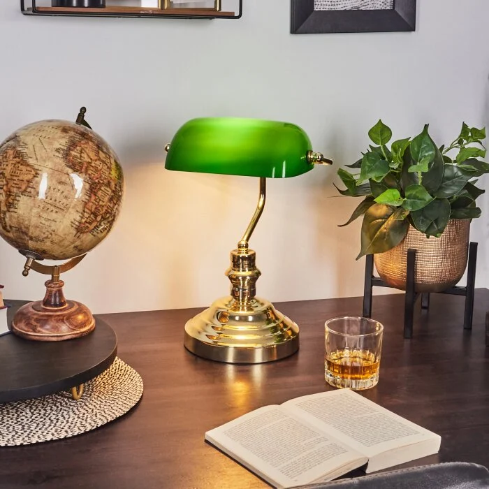 Lámpara banquero dorado, Verde, Latón, 1 luz