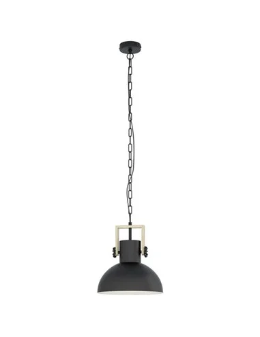 Lámpara Colgante Industrial LUBENHAM, con cadena y foco de Madera y Acero Negro, E27