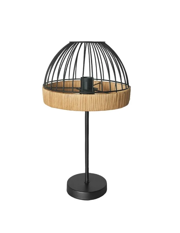 Lámpara de Mesa Campana Negra Metal y Ratán