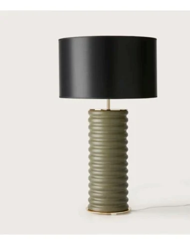 Lámpara de Mesa Taro - Aromas - Lámpara decorativa de cerámica verde, con base torneada y elegante pantalla negra