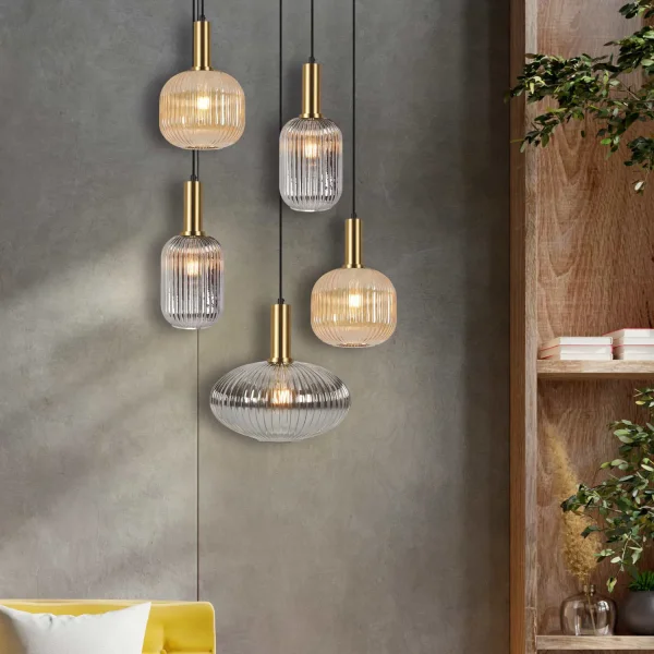 LÁMPARA DE TECHO 5 LUCES TULIPAS COMBINADAS ÁMBAR/FUMÉ Ø80 E27 SHELBY