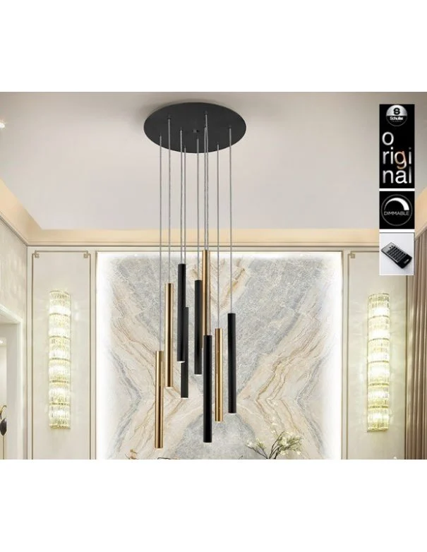 Lámpara Varas Negro Oro Dimable con Mando Schuller
