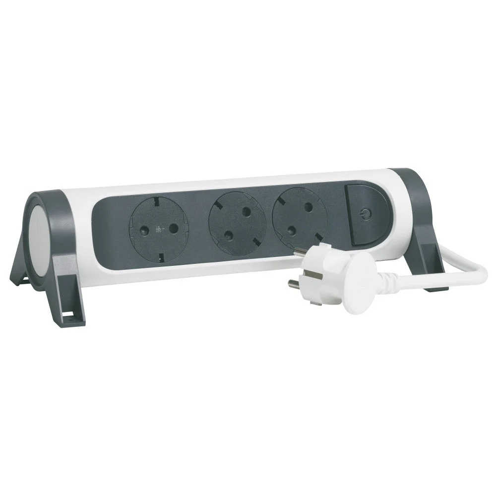 LEGRAND-Base Múltiple Fija y Giratoria de 3 Tomas Rasantes 2P+T, Protegida Contra Sobretensiones. Cable de 1,5M. Color Blanco y