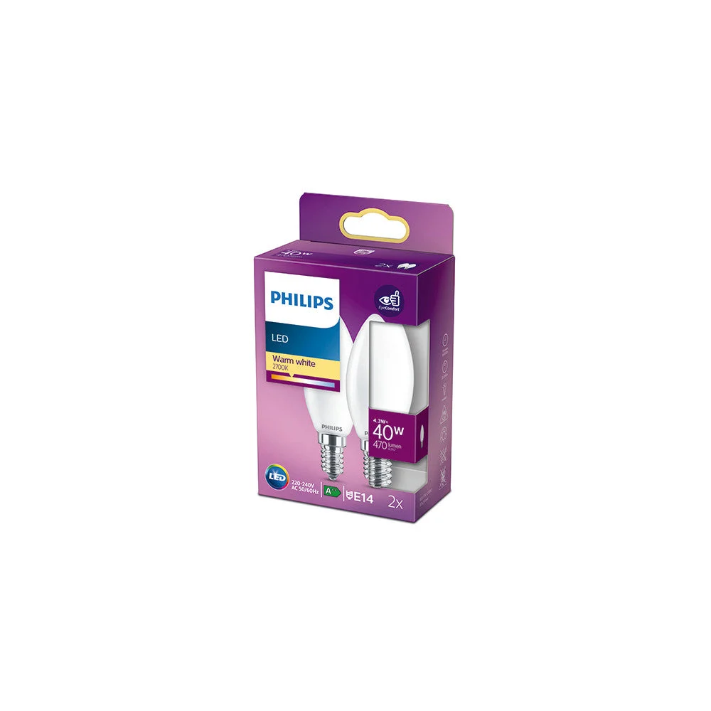 Pack 2 Bombilla LED Philips E14 B35 4.3W 470Lm 2700K [PH-929001345367