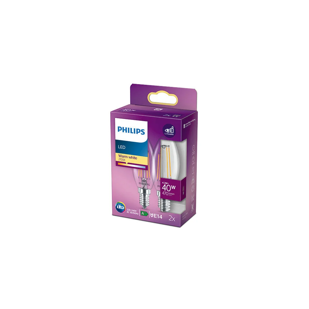 Pack 2 Bombilla LED Philips E14 B35 4.3W 470Lm 2700K [PH-929001889767