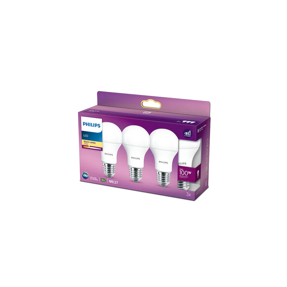 Pack 3 Bombilla LED Philips E27 A60 13W 1521Lm 2700K [PH-929001234535
