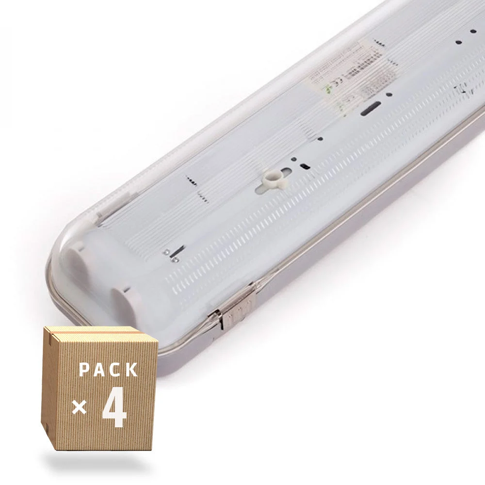 Pack 4 Equipo Estanco Para Dos Tubos Leds 1200Mm Abs/Pc clips acero inoxidable