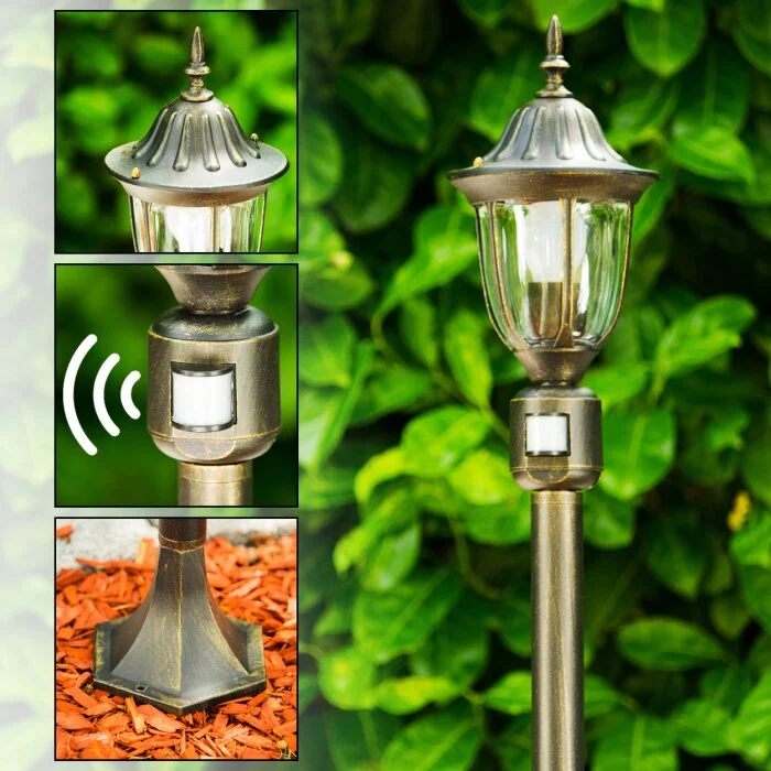 Ribadeo Poste de Jardín Negro-dorado, 1 luz, Sensor de movimiento