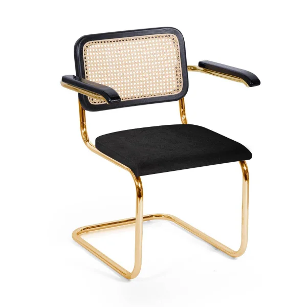SILLA WEBSTER CON REPOSABRAZOS TERCIOPELO NEGRO RATTAN NATURAL PATAS DORADAS