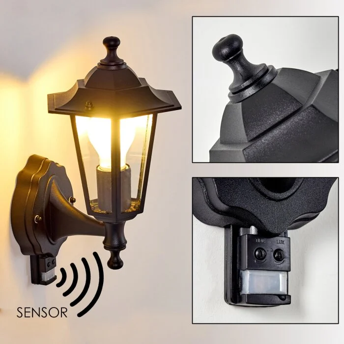 Valtimo Aplique para exterior Negro, 1 luz, Sensor de movimiento