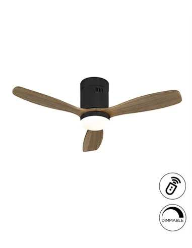 Ventilador de techo con luz Mini Siroco – Schuller –  Palas nogal, motor DC, 6 velocidades